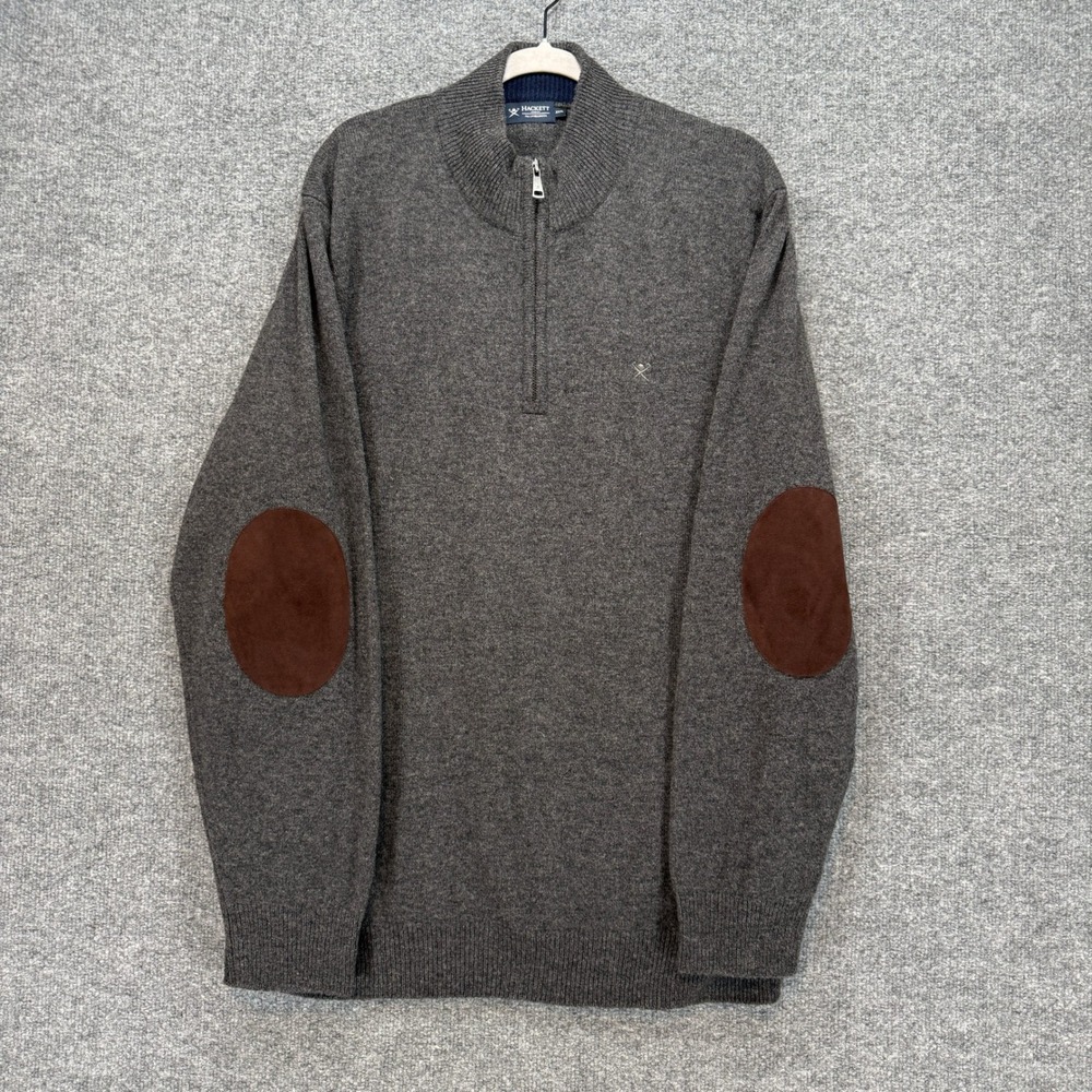 Hackett London Sweater Mens XXXL Gray Lambswool 1/4 Zip Elbow Patch Pullover